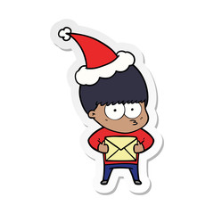 nervous sticker cartoon of a boy wearing santa hat