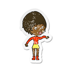 retro distressed sticker of a cartoon concerned woman reaching out