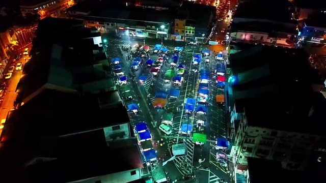 Top Night Aerial View of a night Market in the city of Kota Kinabalu - Malaysia - Moving Towards 