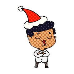 comic book style illustration of a man talking wearing santa hat