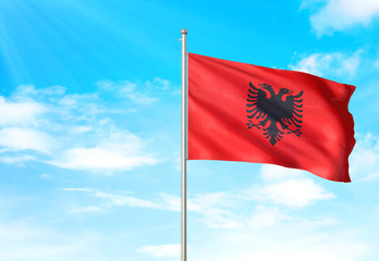 Albania flag waving sky background 3D illustration