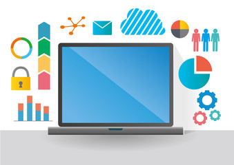 フラットデザインのパソコンのイラストとインターネットイメージ