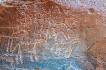 Ancient inscriptions at Khazali siq at Wadi Rum desert in jordan