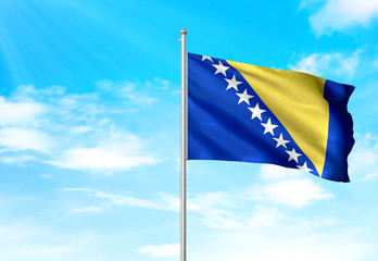 Bosnia and Herzegovina flag waving sky background 3D illustration