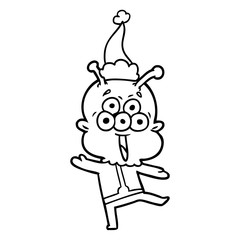 happy line drawing of a alien dancing wearing santa hat