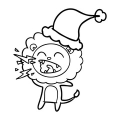 line drawing of a roaring lion wearing santa hat