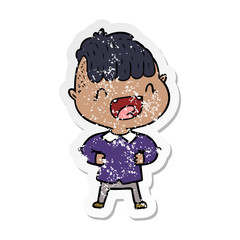 distressed sticker of a cartoon happy boy laughing