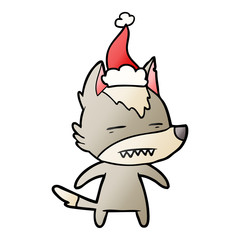 gradient cartoon of a wolf showing teeth wearing santa hat