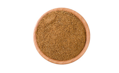 Ground or milled Caraway in wooden bowl isolated on white background. Spices and food ingredients.