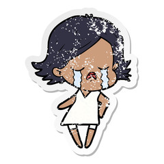distressed sticker of a cartoon girl crying