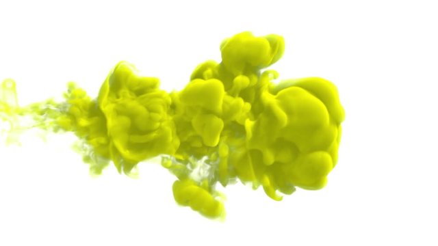 UHD 3D animated simulation of the yellow ink in a liquid against the white background
