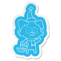 nervous dog cartoon  sticker of a with gift wearing santa hat