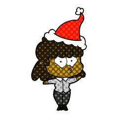 comic book style illustration of a whistling girl wearing santa hat
