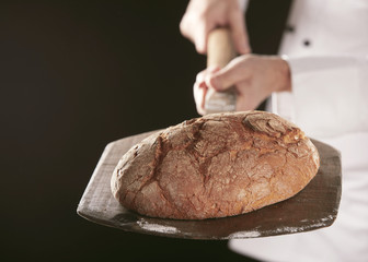 Baker holding loaf of bread on shovel
