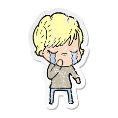 distressed sticker of a cartoon woman crying