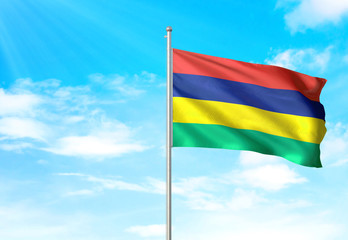 Mauritius flag waving sky background 3D illustration