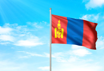 Mongolia flag waving sky background 3D illustration