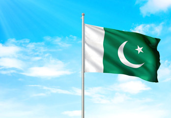 Pakistan flag waving sky background 3D illustration