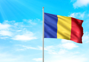 Romania flag waving sky background 3D illustration