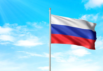 Russia flag waving sky background 3D illustration