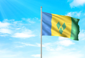 Saint Vincent and the Grenadines flag waving sky background 3D illustration