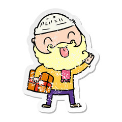 distressed sticker of a man with beard carrying christmas present