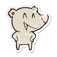 distressed sticker of a laughing bear cartoon