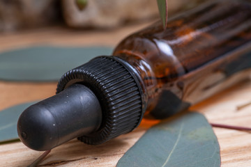 Eucalyptus Essential oil in Amber Round Glass Bottle with Glass Dropper and Fresh Eucalyptus leaves...
