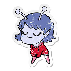 distressed sticker of a smiling alien girl cartoon
