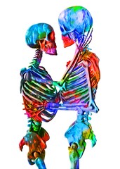 Fototapeta na wymiar Skeletons of man and woman in the pose of lovers in multicolored abstract style illustration Isolated on white background