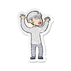 retro distressed sticker of a cartoon security man panicking