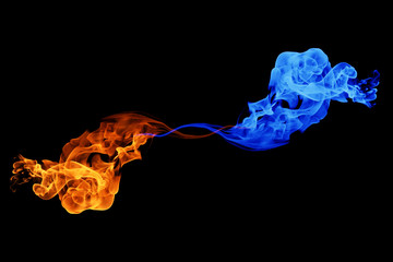 Yin-yang symbol, fire and ice background