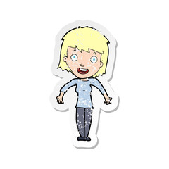 retro distressed sticker of a cartoon woman shrugging shoulders