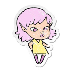 distressed sticker of a pretty cartoon elf girl