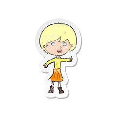 retro distressed sticker of a cartoon woman asking question