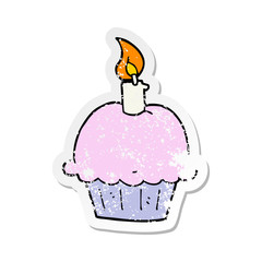 distressed sticker of a cartoon birthday cupcake