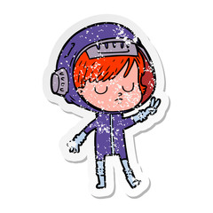 distressed sticker of a cartoon astronaut woman