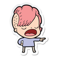 sticker of a cartoon cool hipster girl talking
