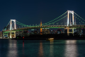 Fototapeta na wymiar Scene of Tokyo Rainbow bridge which can see tokyo tower at the twilight time, Odaiba, Japan