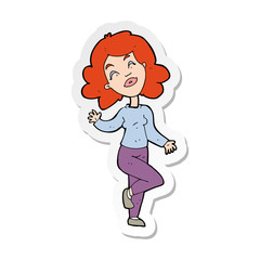 sticker of a cartoon happy woman dancing