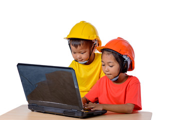 Asian children wearing safety helmet and thinking planer isolated on white background. Kids and education concept