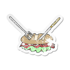 retro distressed sticker of a cartoon knife and fork cutting huge sandwich