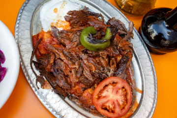 Traditional delicious Turkish foods; doner kebab (Iskender kebab)