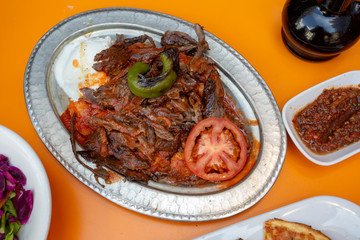 Traditional delicious Turkish foods; doner kebab (Iskender kebab)