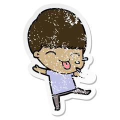 distressed sticker of a cartoon boy sticking out tongue