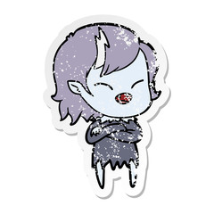 distressed sticker of a cartoon laughing vampire girl