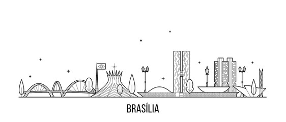 Brasilia skyline Brazil city buildings vector line - obrazy, fototapety, plakaty