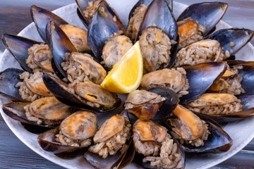 Turkish style stuffed Mussels, Midye Dolma mediterranean cuisine
