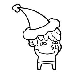 line drawing of a curious man wearing santa hat