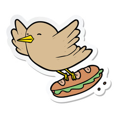 sticker of a cartoon bird stealing sandwich